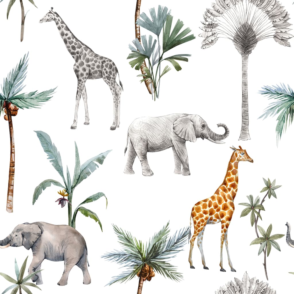 Safari Animals and Palms Removable Wallpaper - 24'' inch x 10'ft