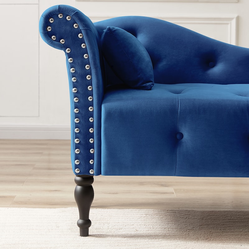 60.6"Velvet Chaise Lounge Buttons Tufted Nailhead Trimmed Solid Wood Legs with 1 Pillow(Left Arm Design as Shown in the Picture)