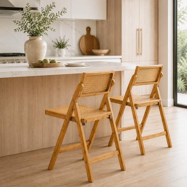 Set of 2 Scandinavian Bamboo/Rattan Folding Outdoor Chairs - Bed
