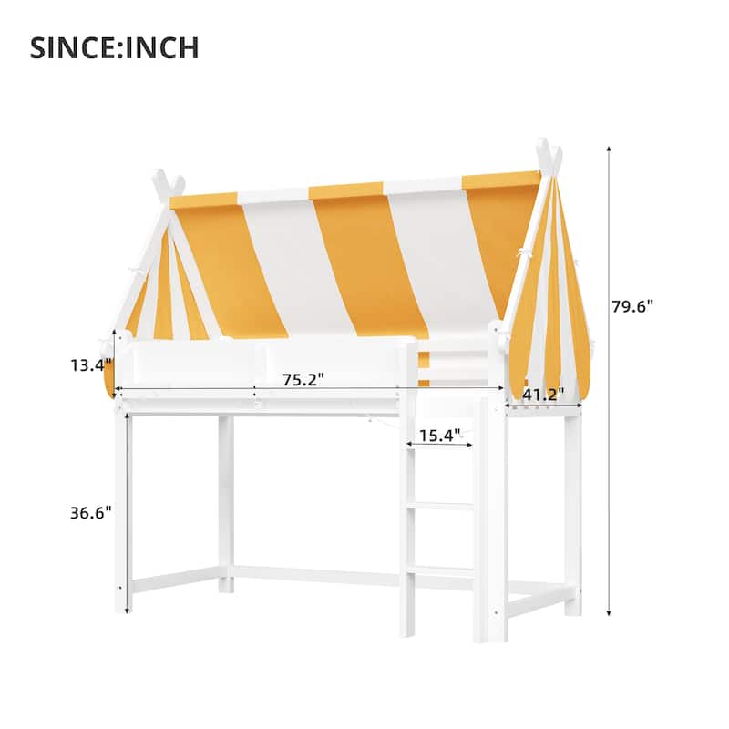 Full/Twin Size Loft Bed with Canopy, LED Lights & Bookshelf, Elevated Bed with Storage