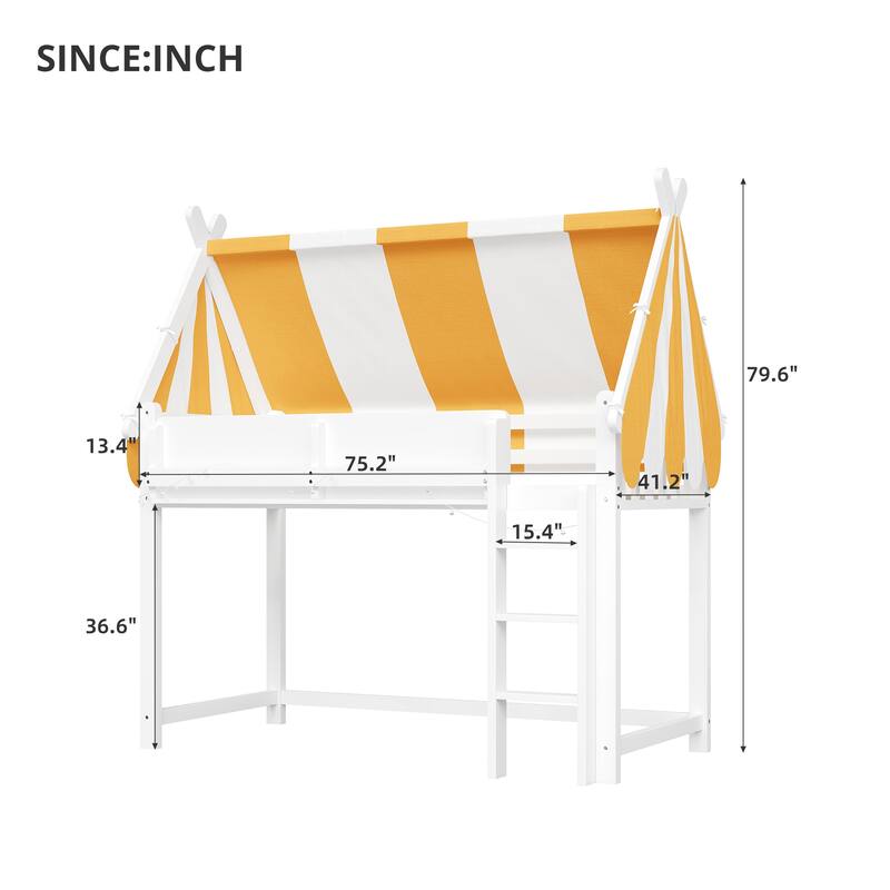 Loft Bed with Bright Yellow White Canopy, House-shaped Bed Frame Design with LED String Lights and Front Display Bookshelf