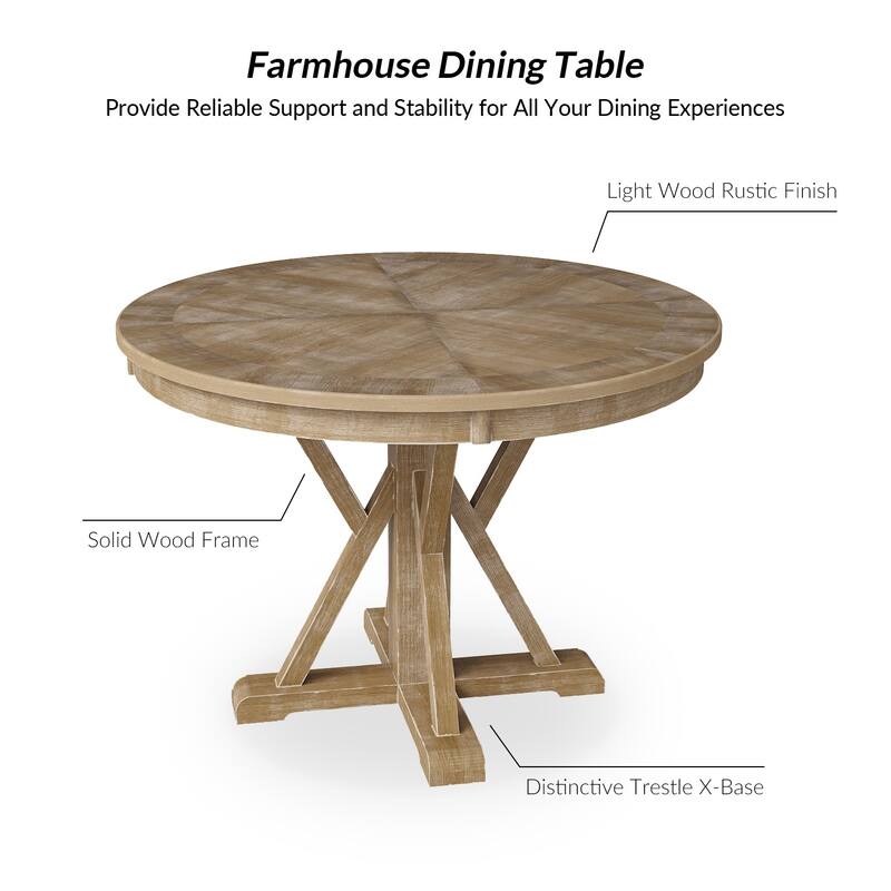 Felicia Farmhouse Natural Solid Wood Round Cross-buck Base Dining Table for 4 by HULALA HOME