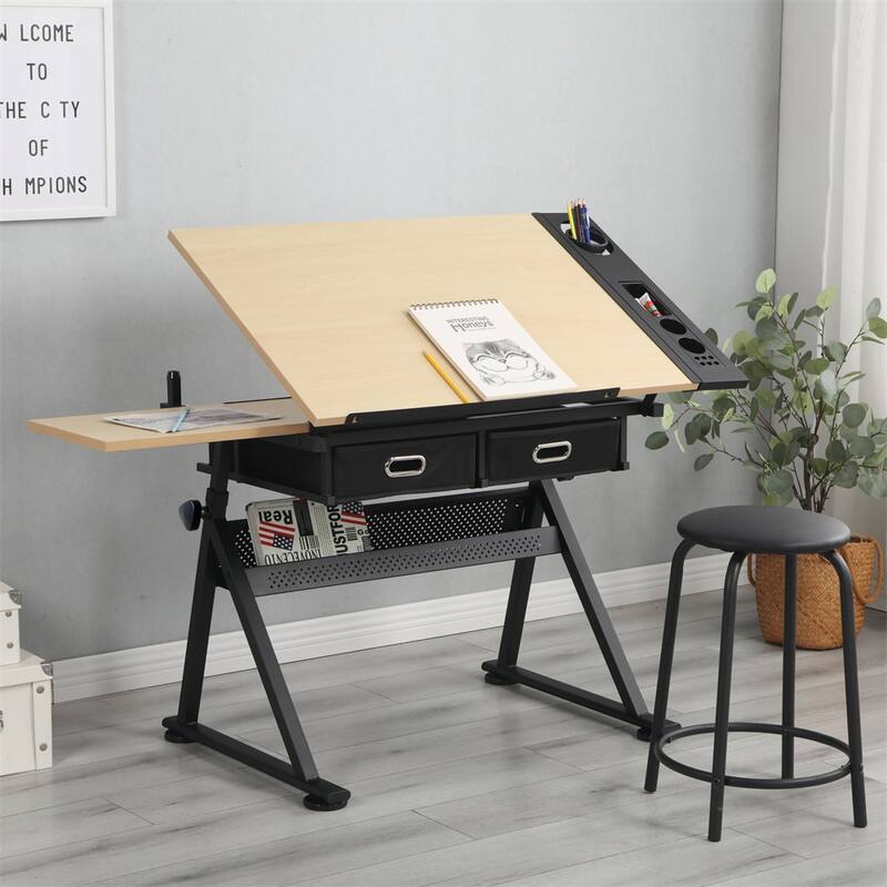 Wood Adjustable Drawing Drafting Desk with 2 Drawers and Stool