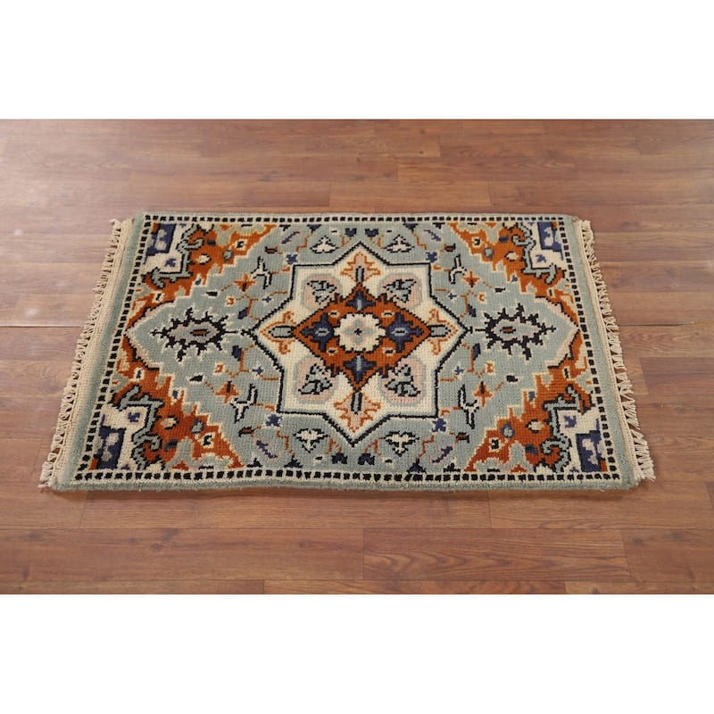 Geometric Kazak Indian Accent Rug Handmade Green Oriental Wool Carpet - 2'0" x 3'0"