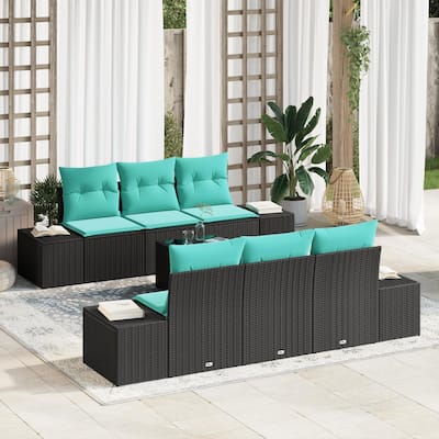 vidaXL 7 Garden Sofa Set with Cushions Black Poly Rattan - 94.1 x 24.4 x 27.2
