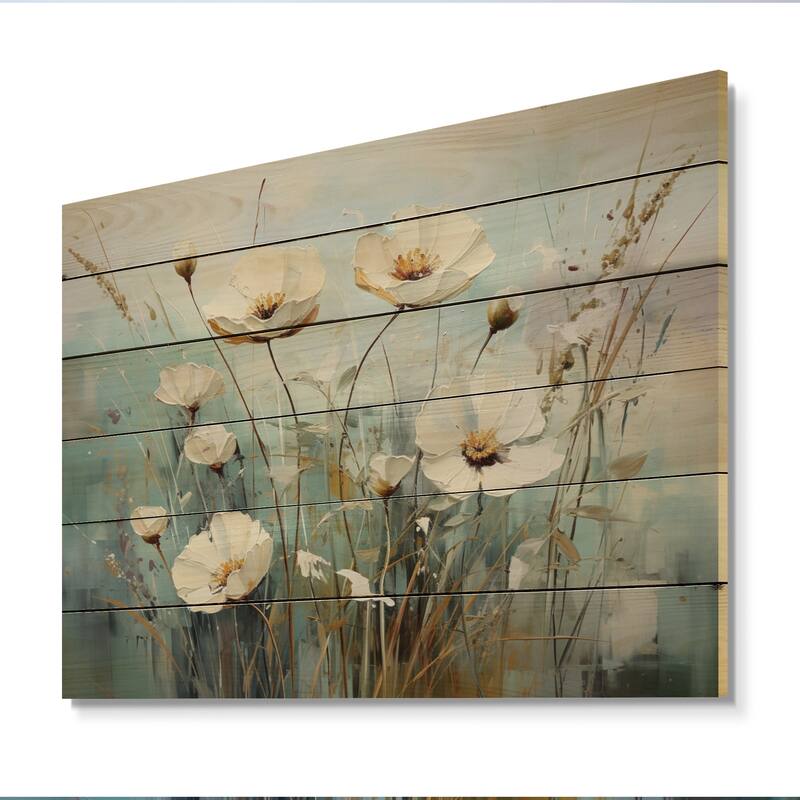 Designart "Meadow Whispers Of Spring I" Floral Print on Natural Pine Wood