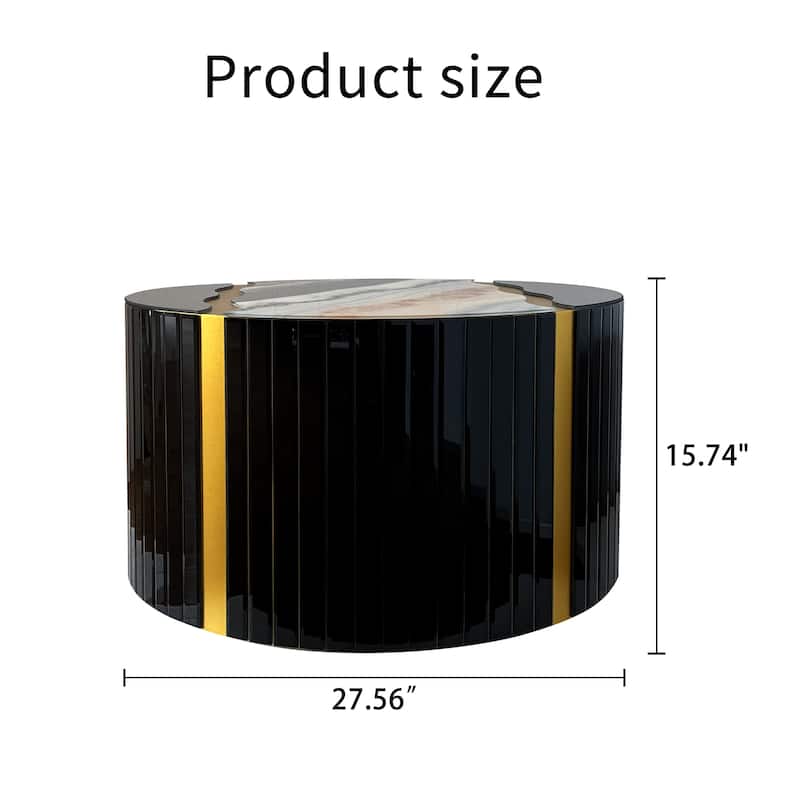 Marble pattern sticker Round Coffee Table, Cylindrical Silver Mirror with Gold Dust Finish, Modern Home Decor Table