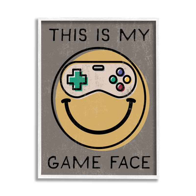 Stupell My Game Face Phrase Yellow Smiley Retro Controller Framed Wall Art - 24 x 30 - White