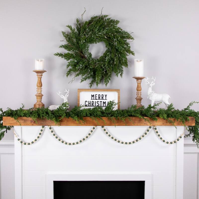 6' Green and Cream Wooden Beads Christmas Garland Unlit