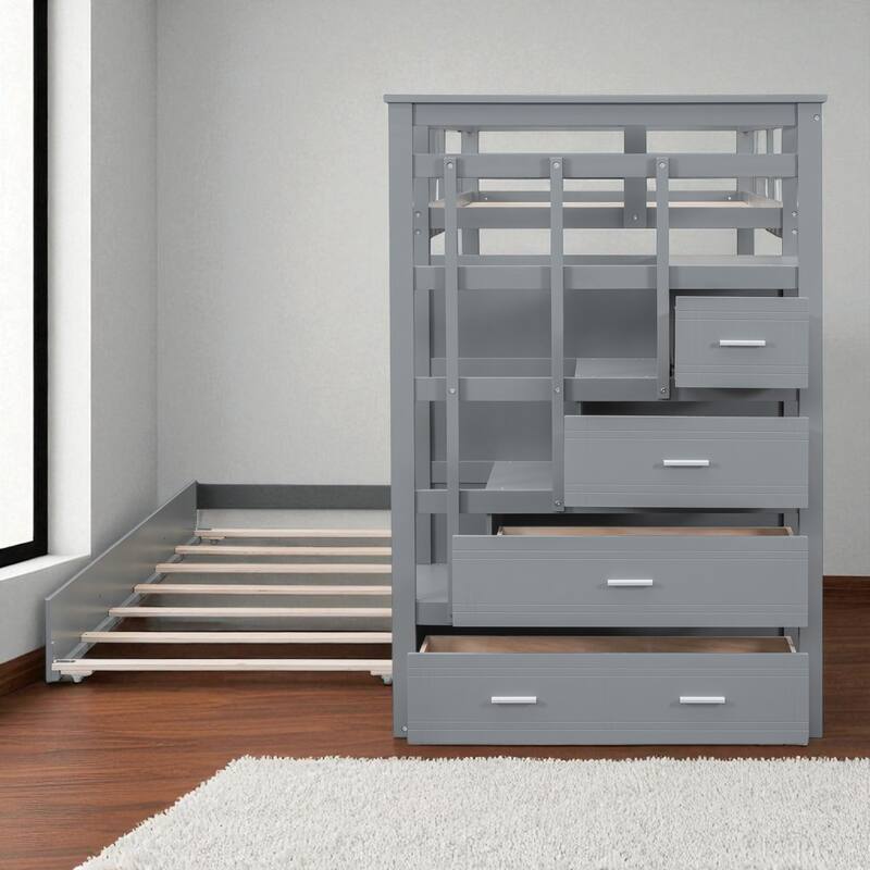 Twin Over Twin Bunk Bed with Trundle and Storage Drawers, Staircase Bunk Frame for Kids and Teens