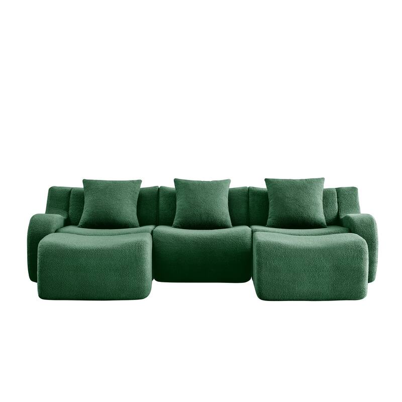 Sectional Couches for Living Room U-Shaped Boneless Couch, 3-Seat Sofa with Movable Ottoman, Floor Modular Teddy Fabric Sofa
