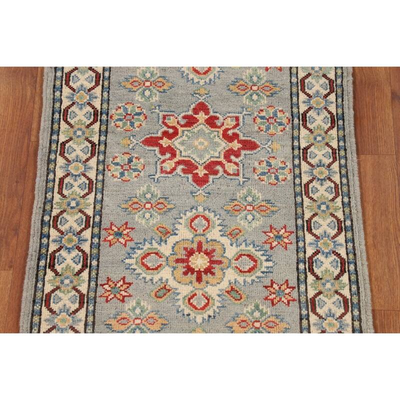 Geometric Kazak Oriental Runner Rug Hand-Knotted Wool Carpet - 2'1" x 5'9"