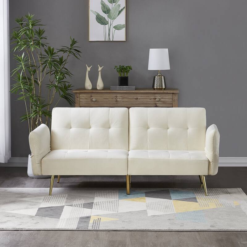 Italian Velvet Convertible Sleeper Sofa Bed with with Folded Armrests and Storage Bags