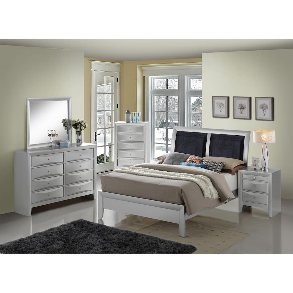Roomfitters Full Upholstered Platform Bed Frame with Padded Rectangular Headboard, No Box Spring Needed, Silver Champagne