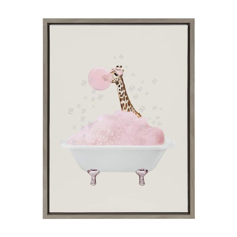 Kate and Laurel Sylvie Giraffe Taking a Bath Framed Canvas by July Art Prints