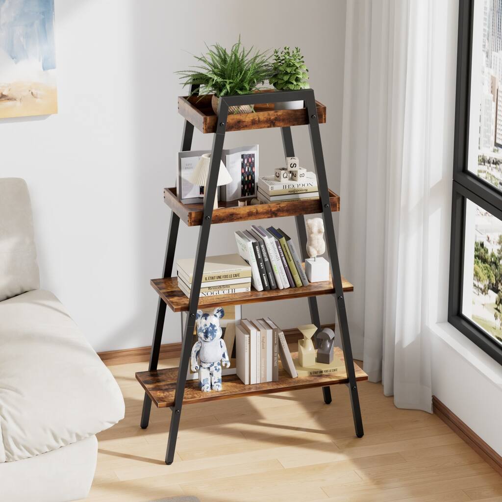Javlergo Brown 4-tier Ladder Shelf Bookshelves Plant Display Shelves for Living Room Office Bedroom