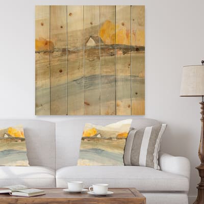 Designart 'Coming on Farmhouse Landscape' Traditional Print on Natural Pine Wood - Grey