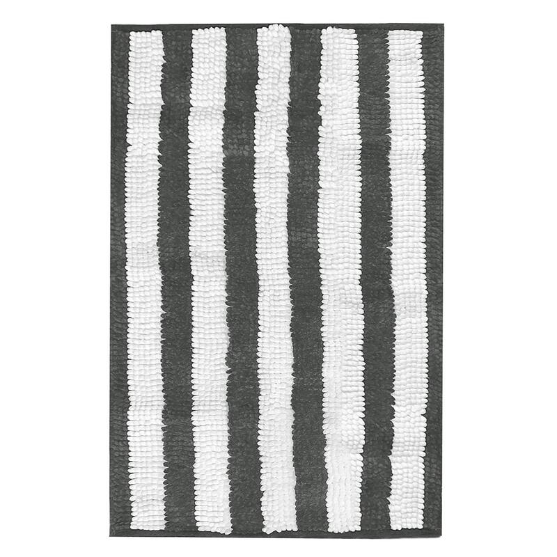 Large 2 Piece Set Charcoal Grey White Stripe Soft Cozy Plush Chenille Bath Mat Bathroom Rug