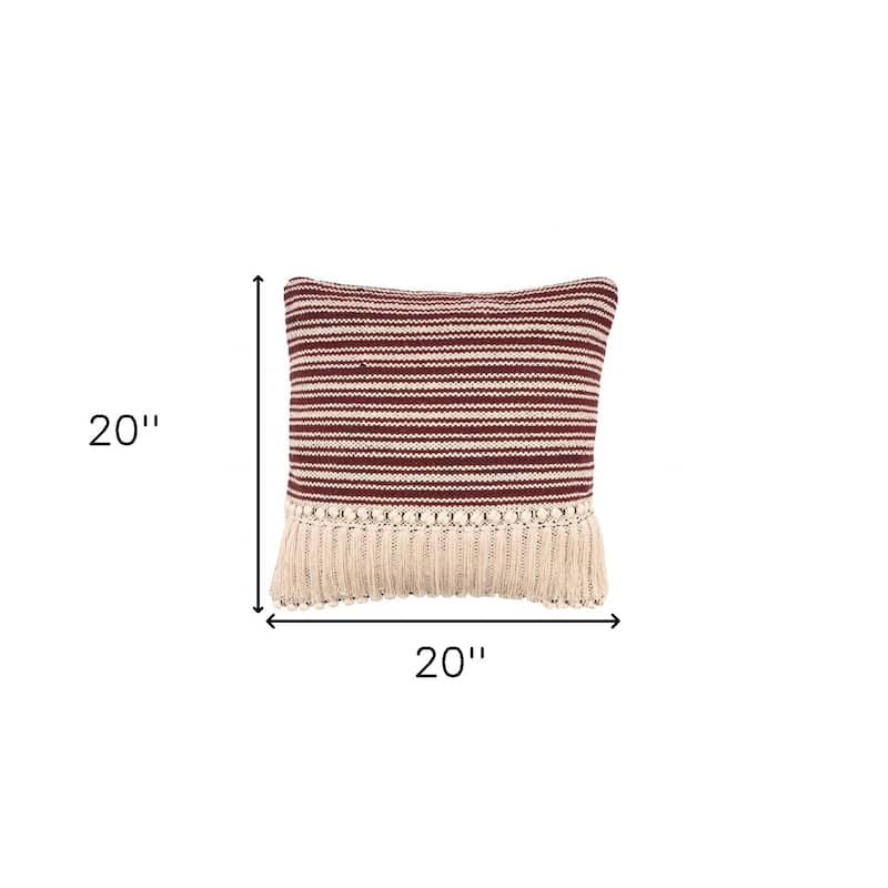 HomeRoots 20" X 20" Maroon Red And Off-White 100% Cotton Striped Zippered Pillow