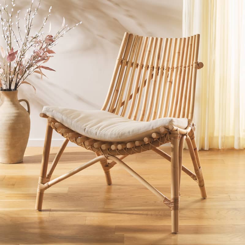 SAFAVIEH Eisley Boho Coastal Solid Wood Accent Chair with Cushion - 30"W x 31"D x 33"H - White/Natural