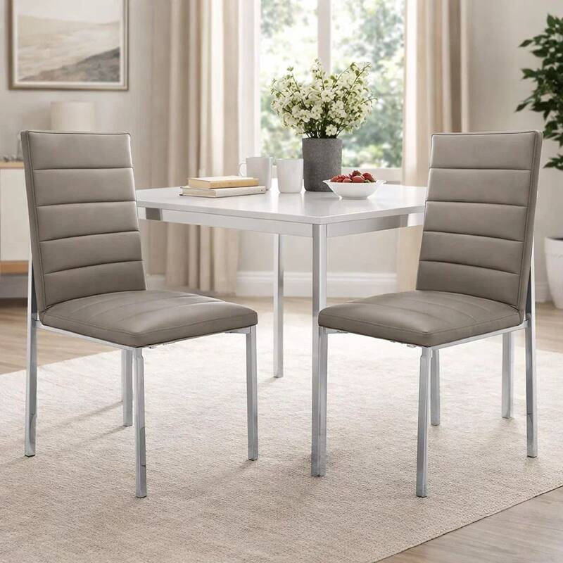 Eun 23 Inch Faux Leather Channel Dining Chair, Chrome Legs, Set of 2, Gray