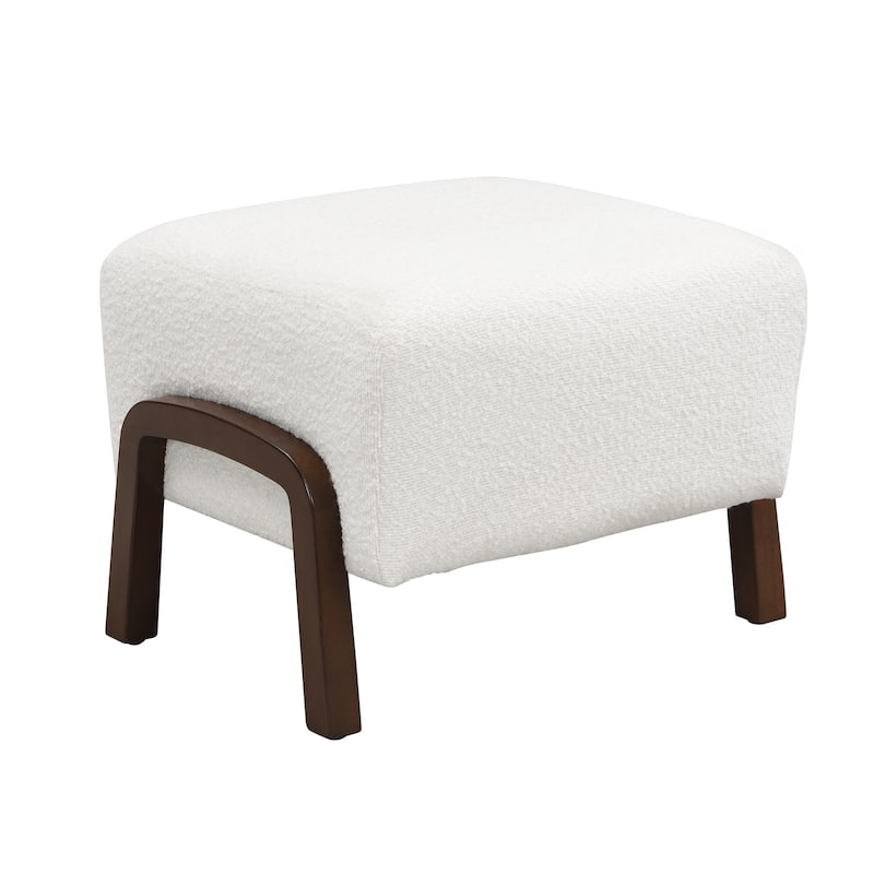 Upholstered Ottoman, Wooden Legs, White, Boucle