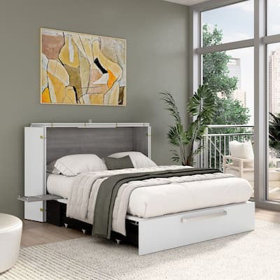 Bestar Borealis 57W Full Murphy Cabinet Bed with Drawer and Mattress