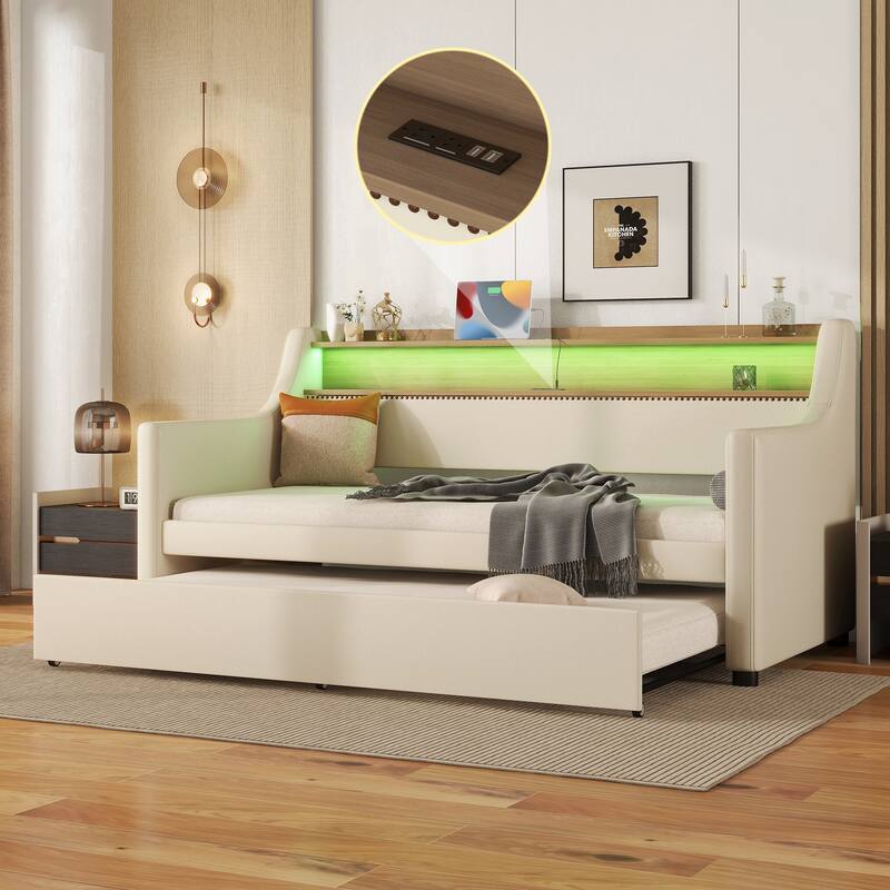 Roomfitters Upholstered Twin Daybed with Trundle, Built-in Charging Station & Lighting Headboard, Space-Saving Design