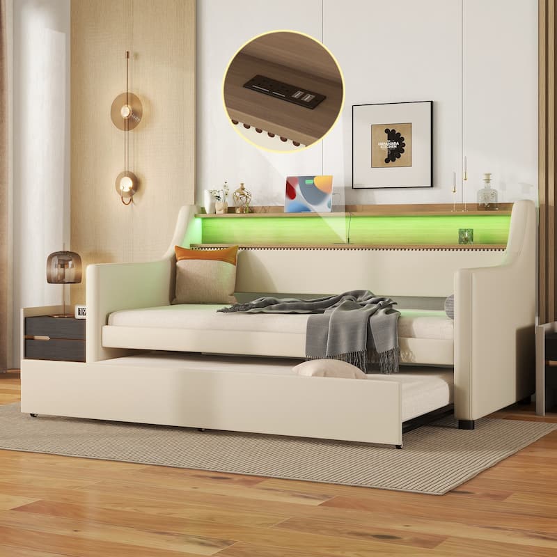 Twin Size Upholstered Daybed with Trundle, Charging Station, and LED Lights - Beige