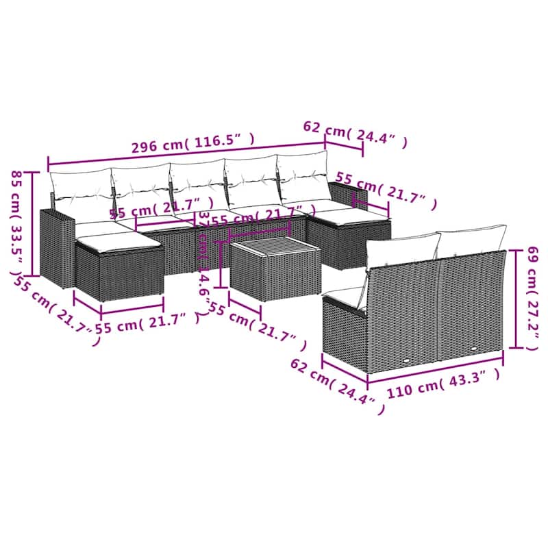 vidaXL Patio Sofa Set with Cushions Outdoor Furniture 10 Piece Poly Rattan - 21.7 x 21.7 x 14.6