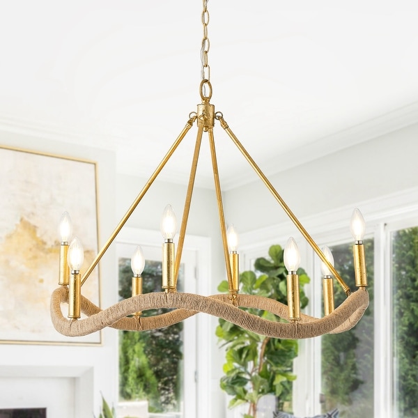Modern Farmhouse Gold Natural Jute Large Candle Chandelier 27.6 in. D x 27.6 in. W x 23.6 in. H