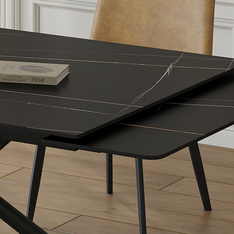Retractable Sintered Stone Dining Table, Modern Rectangular Design, with Black Carbon Steel Legs at the Bottom