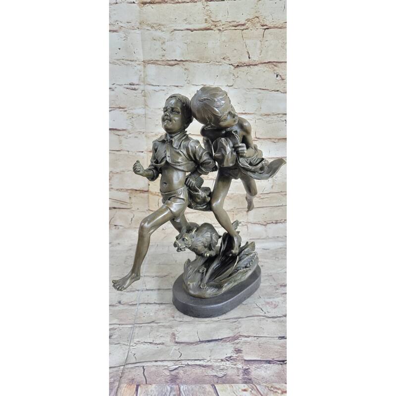 Two Running Boys With A Dog Children Bronze Sculpture Marble Base Statue Figure