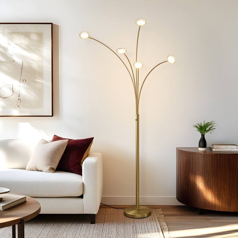 Brightech Orion 70 in. Antiqued Brass Contemporary Modern 5-Light LED Super Bright Floor Lamp with 5 Adjustable Swing Arm Heads