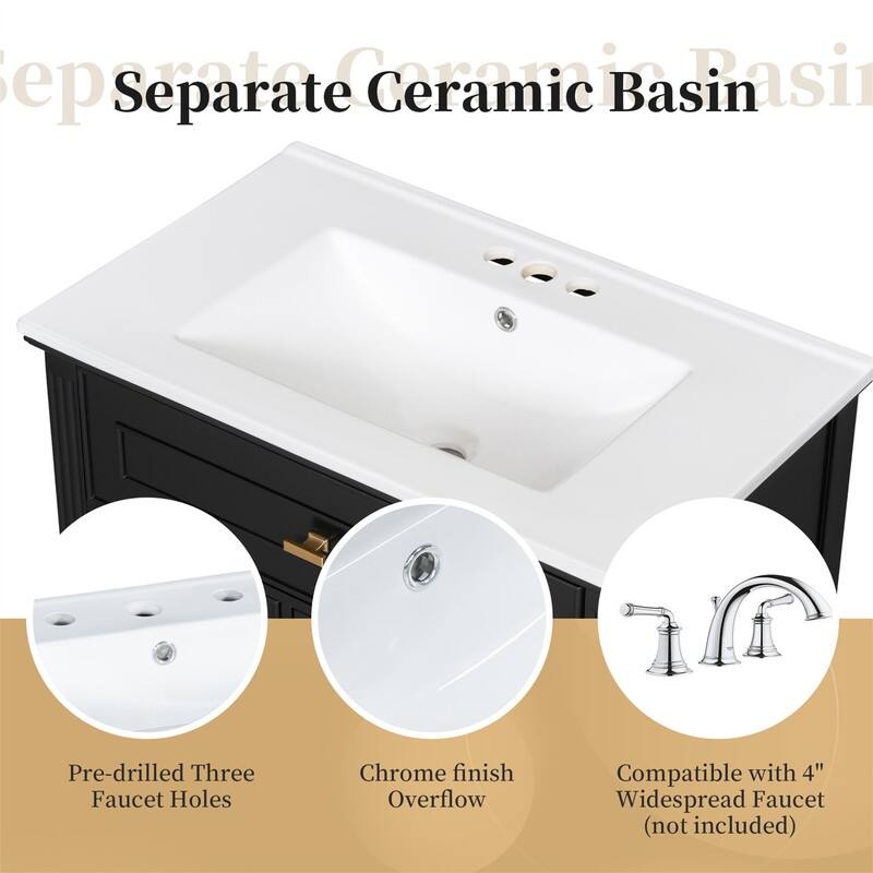 30" Bathroom Vanity with Ceramic Sink Combo, Bathroom Vanity Cabinet with 1 Flip Drawer, 2 Drawers & Adjustable Shelf