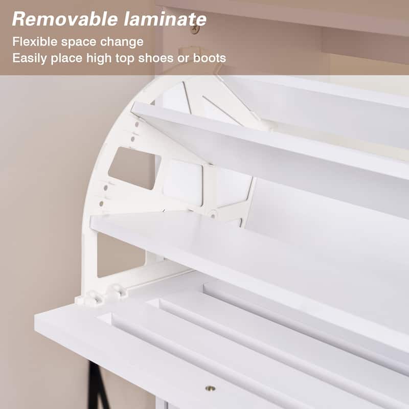 VECELO White 3-Tier Shoe Cabinet with Flip Drawer Silver Handles 47.24" Tall MDF Rack Removable laminate Design for Entryway