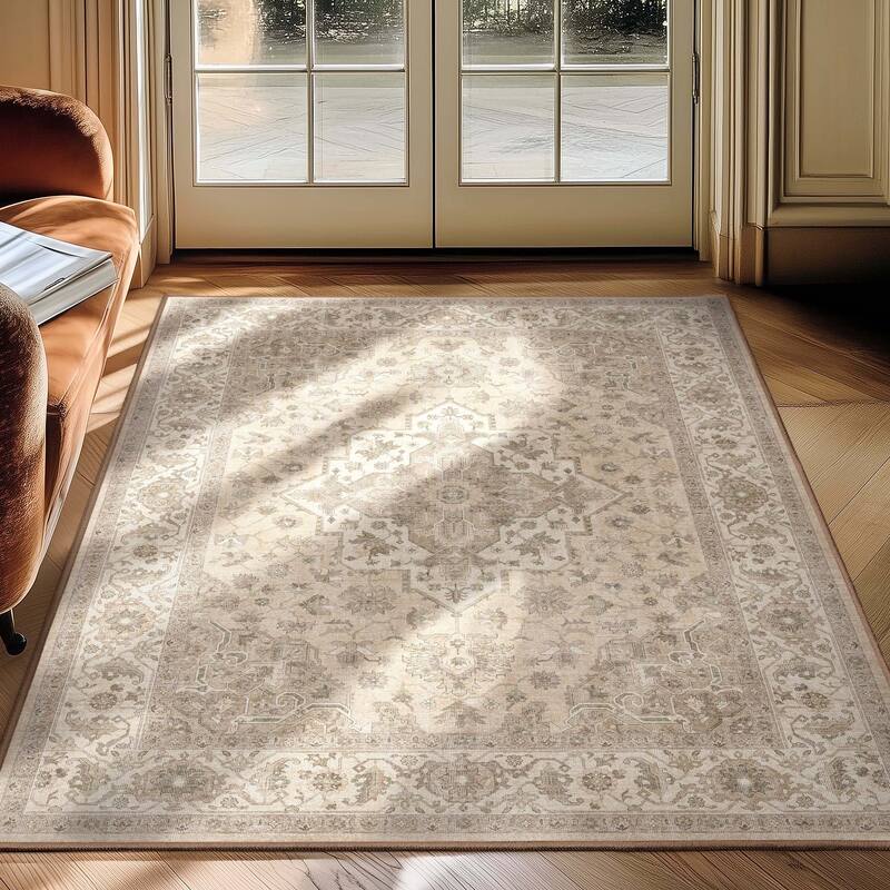 Well Woven Apollo Summit Medallion Orinetal Low Pile Easy Clean Rug - 3'11" x 5'3" - Beige Green