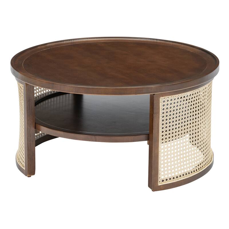 2-Tiered Round Coffee Table with Curved-Edge Top & Rattan Base, Boho Wood Center Table with Storage Shelf for Living Room