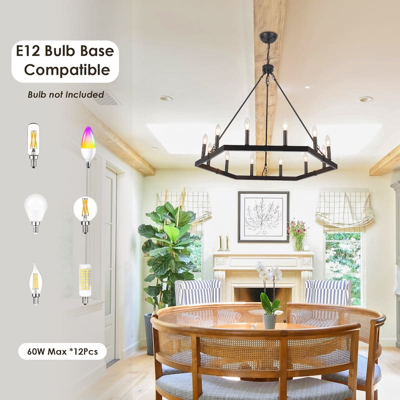 Modern Farmhouse 12-Light Hexagonal Design Wagon Wheel Chandelier for Dining Room Living Room Bedroom Kitchen - W35.43"x H27.83"