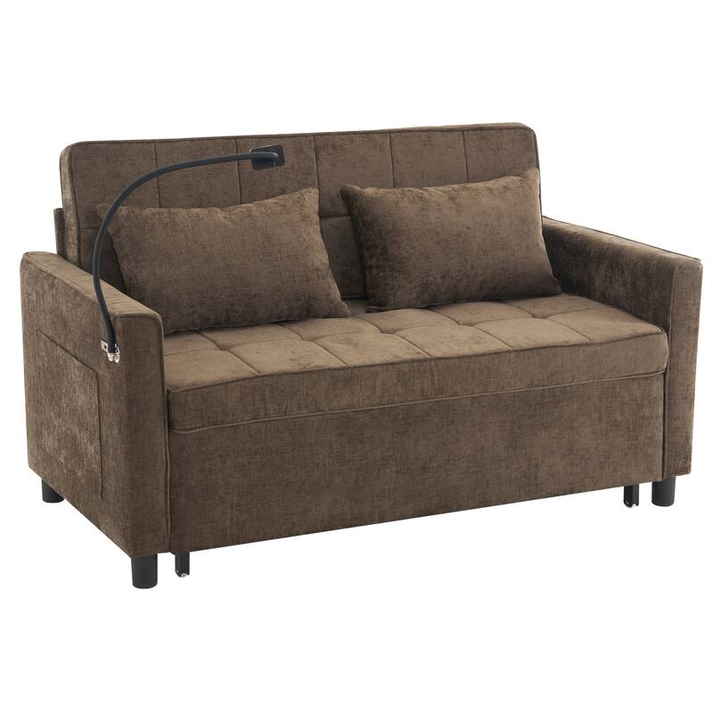 Roomfitters Loveseat Pull-Out Sofa Bed with Reversible Backrest Cushion, Side Pockets, USB Ports, and Phone Holder