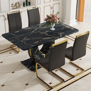 5 Piece Marble Pattern MDF Dining Table Set,4 Black PU chairs with ...