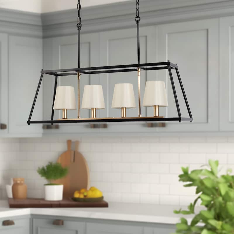 Modern Farmhouse 4-Light Black Gold Chandeliers Rectangle Island Lights with Fabric Shades - 28.5 "
