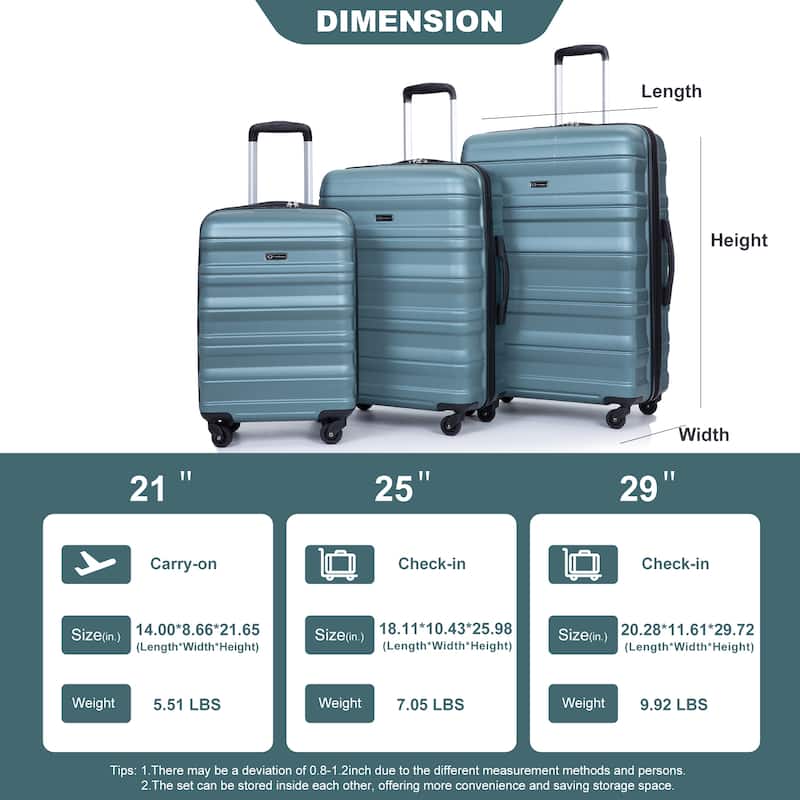 Expandable 3 Piece Luggage Sets PC Lightweight & Durable Suitcase with Two Hooks, Spinner Wheels, TSA Lock, (21/25/29)