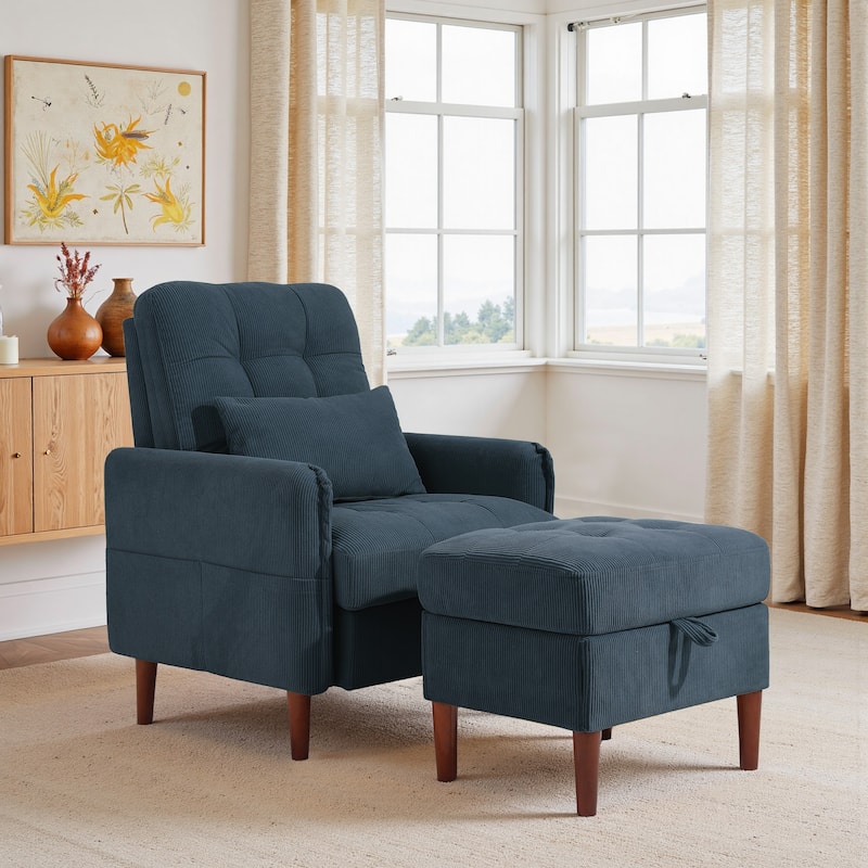 Adjustable Backrest Upholstered Accent Chair with Storage Ottoman Set - NAVY
