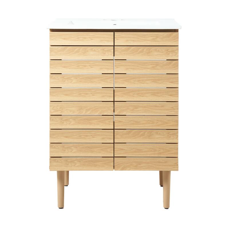 Calandre Thick Linear Slat Modern Farmhouse 2-Shelf Bath Vanity Cabinet Only (Sink Basin not Included), by JONATHAN Y - 24 in. - Oak