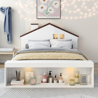 Full Size Wood Platform Bed with House Headboard & Storage
