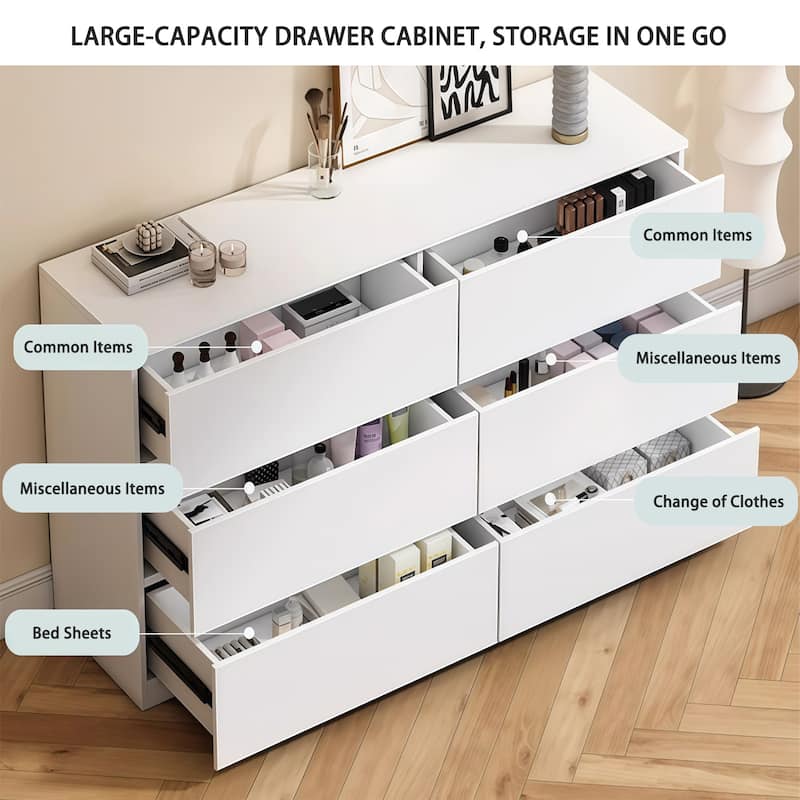 6 Drawer Dresser for Bedroom, Large Capacity Wood Storage Cabinet, Clothing Organizer with Concealed Handles & Deep Drawers