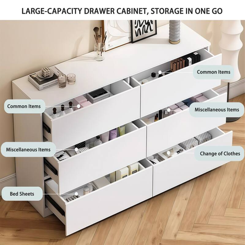 6 Drawer Dresser with Spacious Countertop,Wood Storage Cabinet with Concealed Handles & 6 Deep Drawers,15.7"D x 47.2"W x 30.9"H