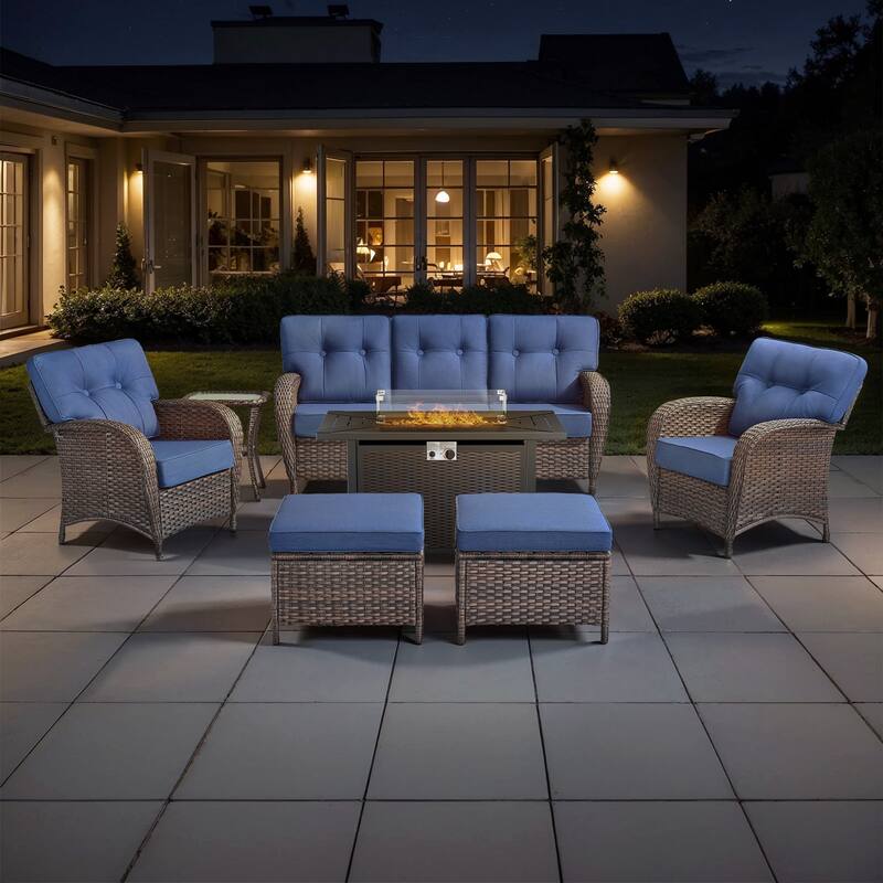 TWrap 7-Piece Wicker Patio Iron Fire Pit Conversation Set with 3-Seat Sofa & Armchairs - Brown/Navy Blue - Fire pit Set