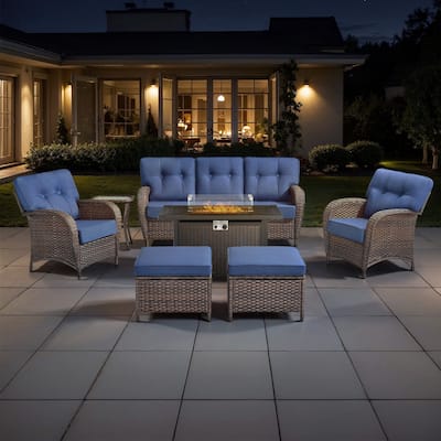 TWrap 7-Piece Wicker Patio Iron Fire Pit Conversation Set with 3-Seat Sofa & Armchairs